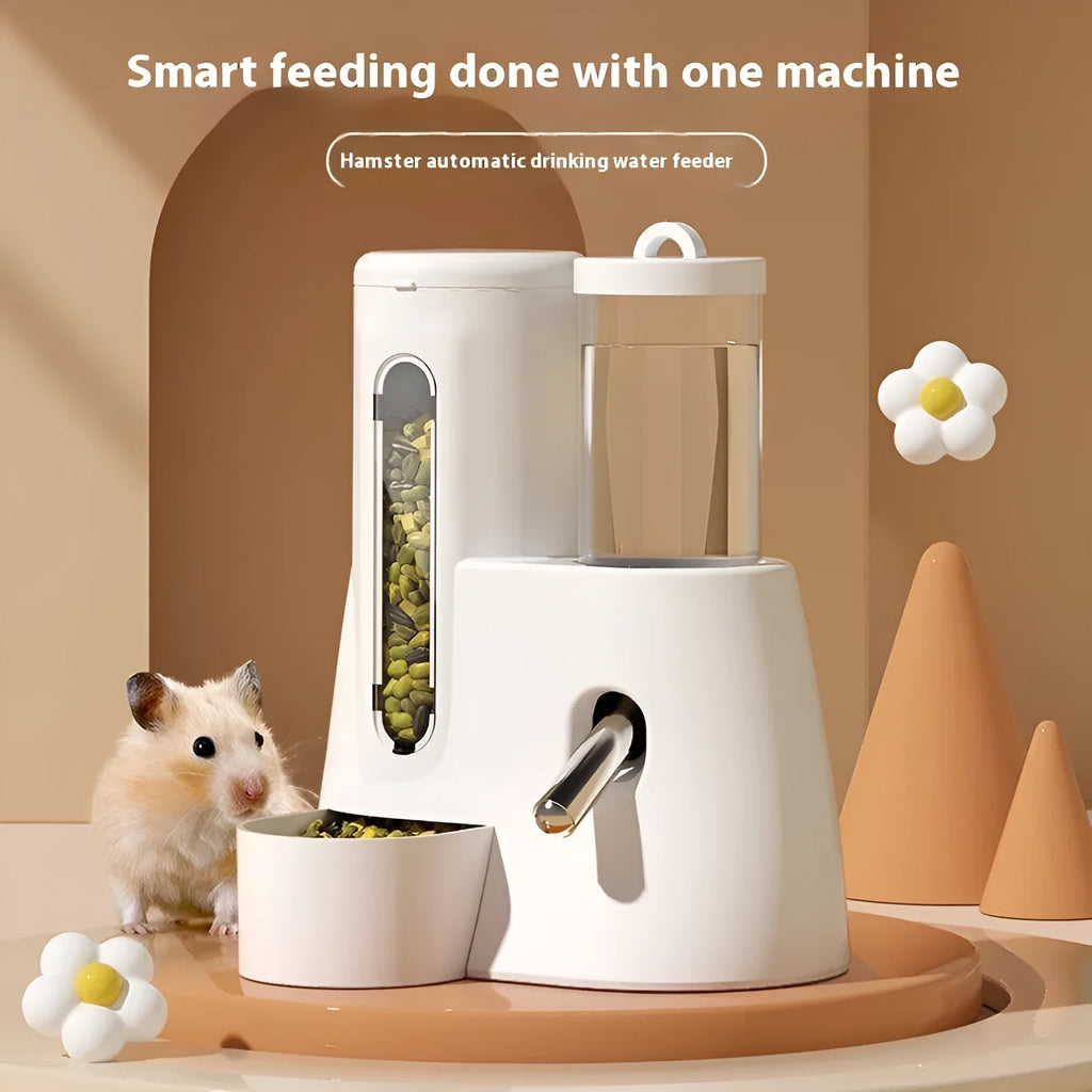 White, blue, and pink hamster automatic water feeder and food bowl in large and small sizes.