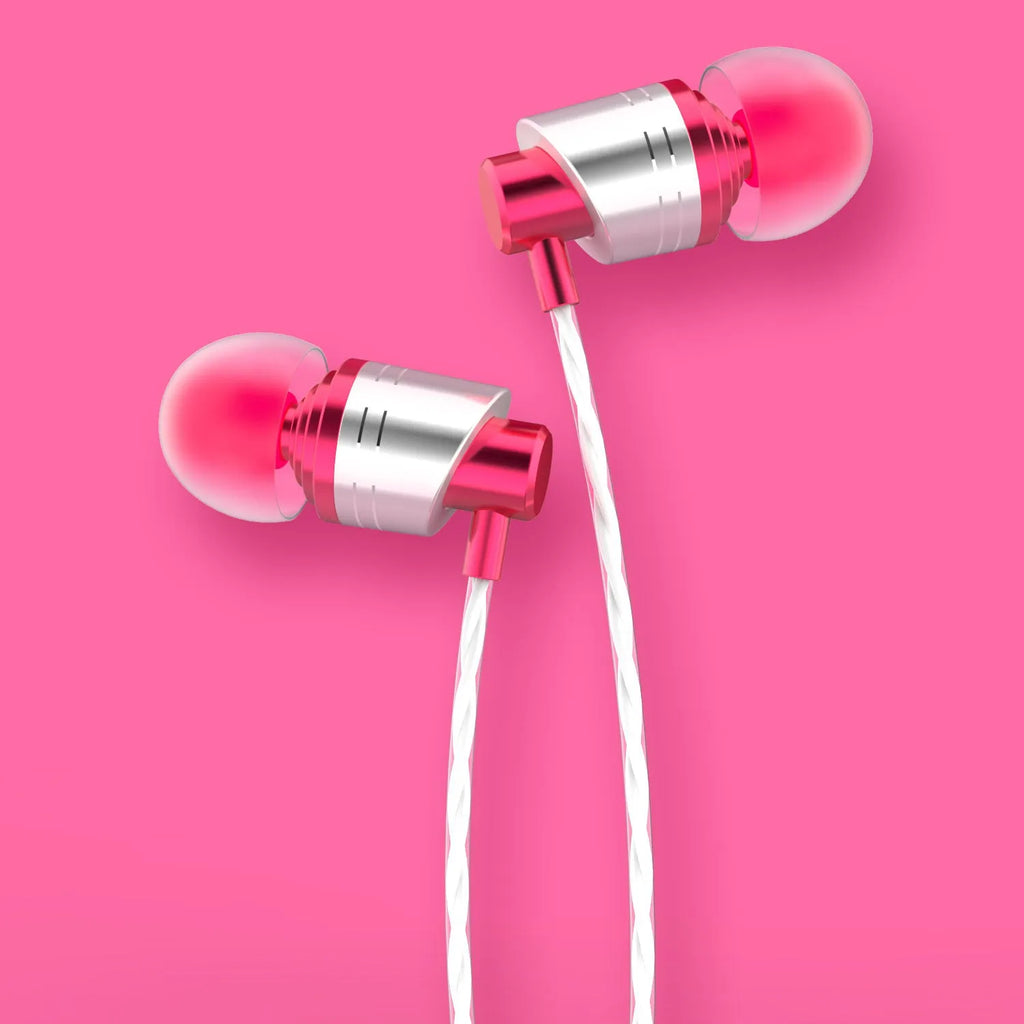 Wired in-ear headphones with 3.5mm plug, microphone, and silicone ear tips in black, blue, and red colours