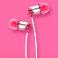 Wired in-ear headphones with 3.5mm plug, microphone, and silicone ear tips in black, blue, and red colours