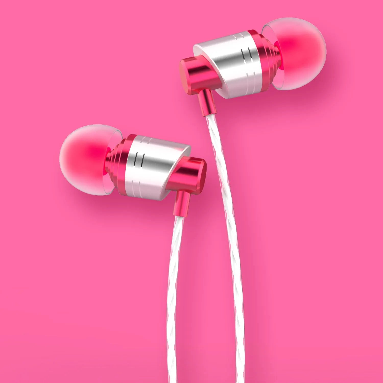 Wired in-ear headphones with 3.5mm plug, microphone, and silicone ear tips in black, blue, and red colours
