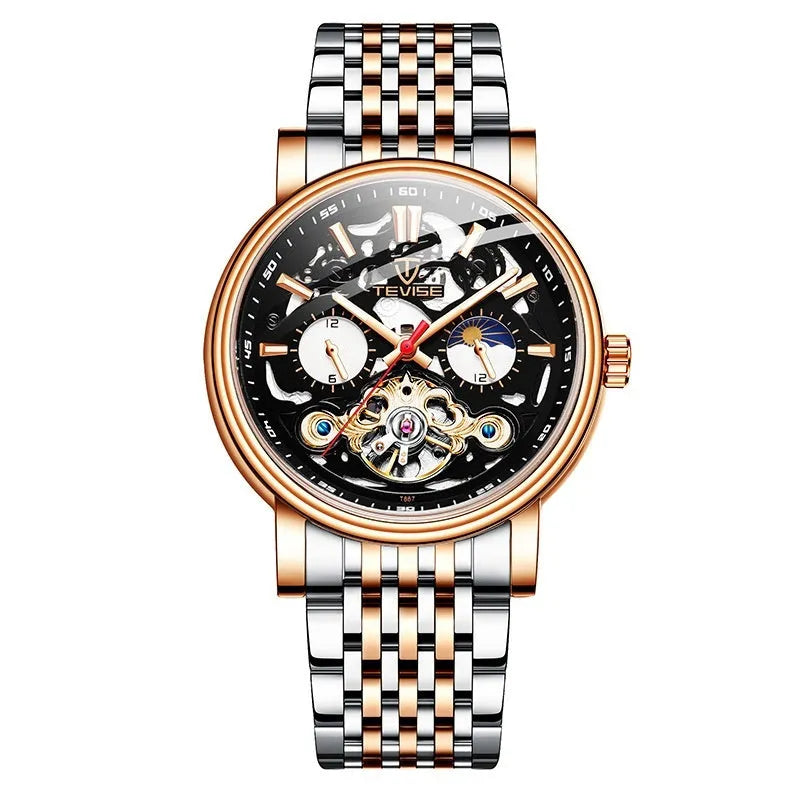 Men's casual tourbillon mechanical watch with luminous hands on a black leather strap.