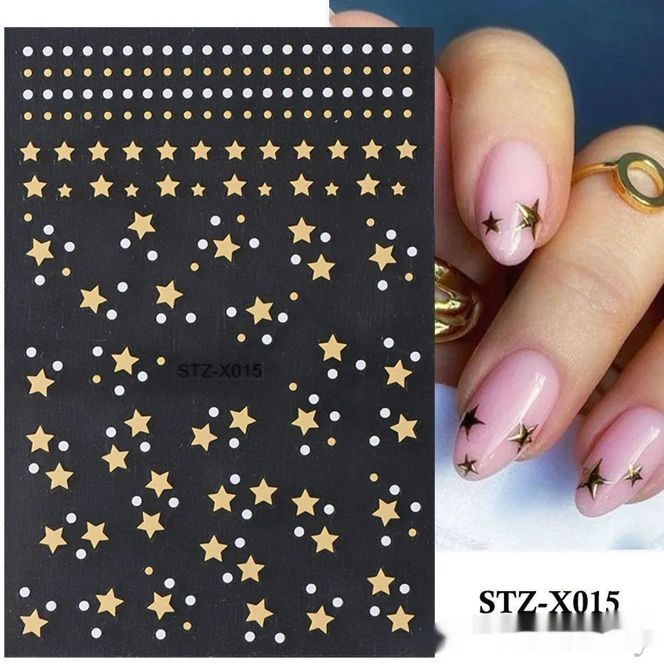 Pack of black and silver strip nail art stickers with cartoon and love pattern designs.