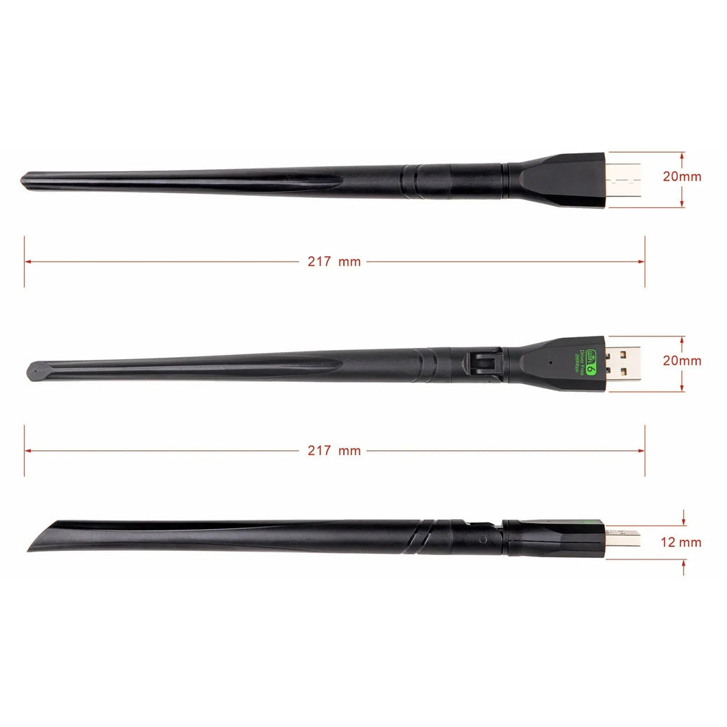 Black USB WiFi 6 wireless network card adapter for PC and laptop dual-band connectivity.