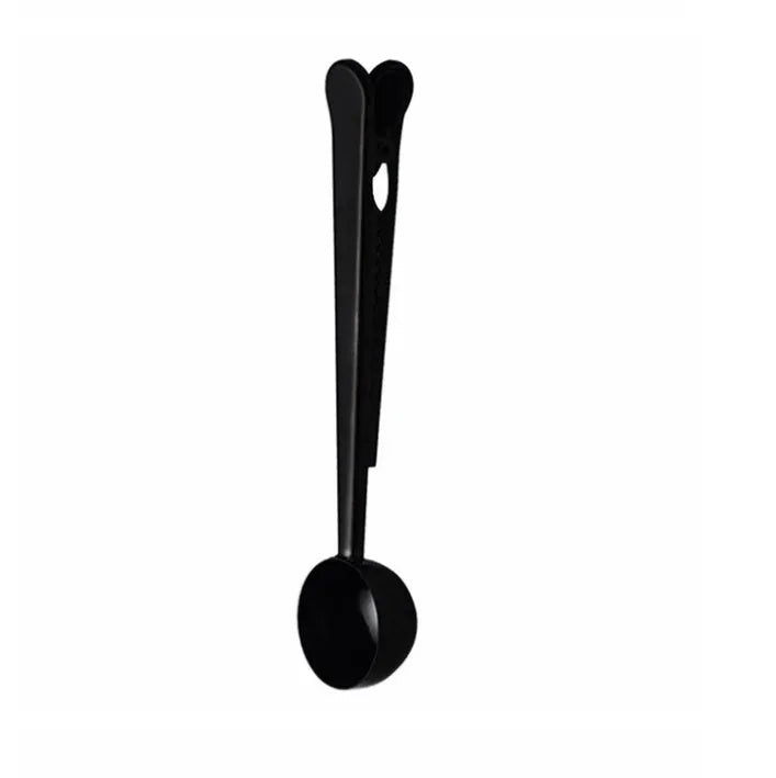 Stainless steel coffee clip spoon with measuring scoop and sealing clip, 17.5cm long
