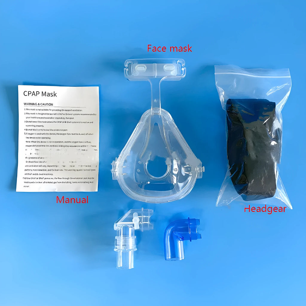 CPAP breathing mask kit with transparent silicone mask, headband, and two PC adapter elbows.