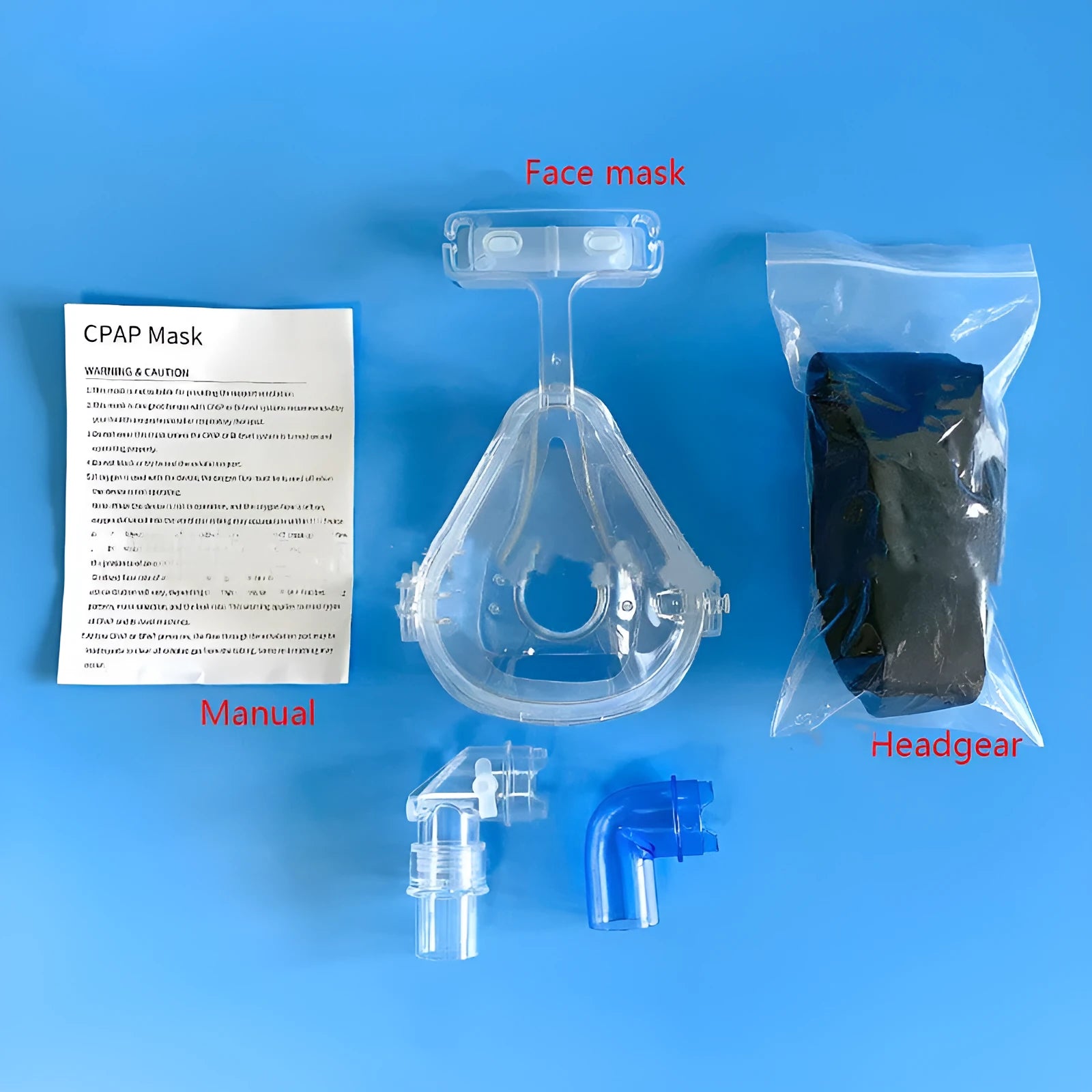 CPAP breathing mask kit with transparent silicone mask, headband, and two PC adapter elbows.
