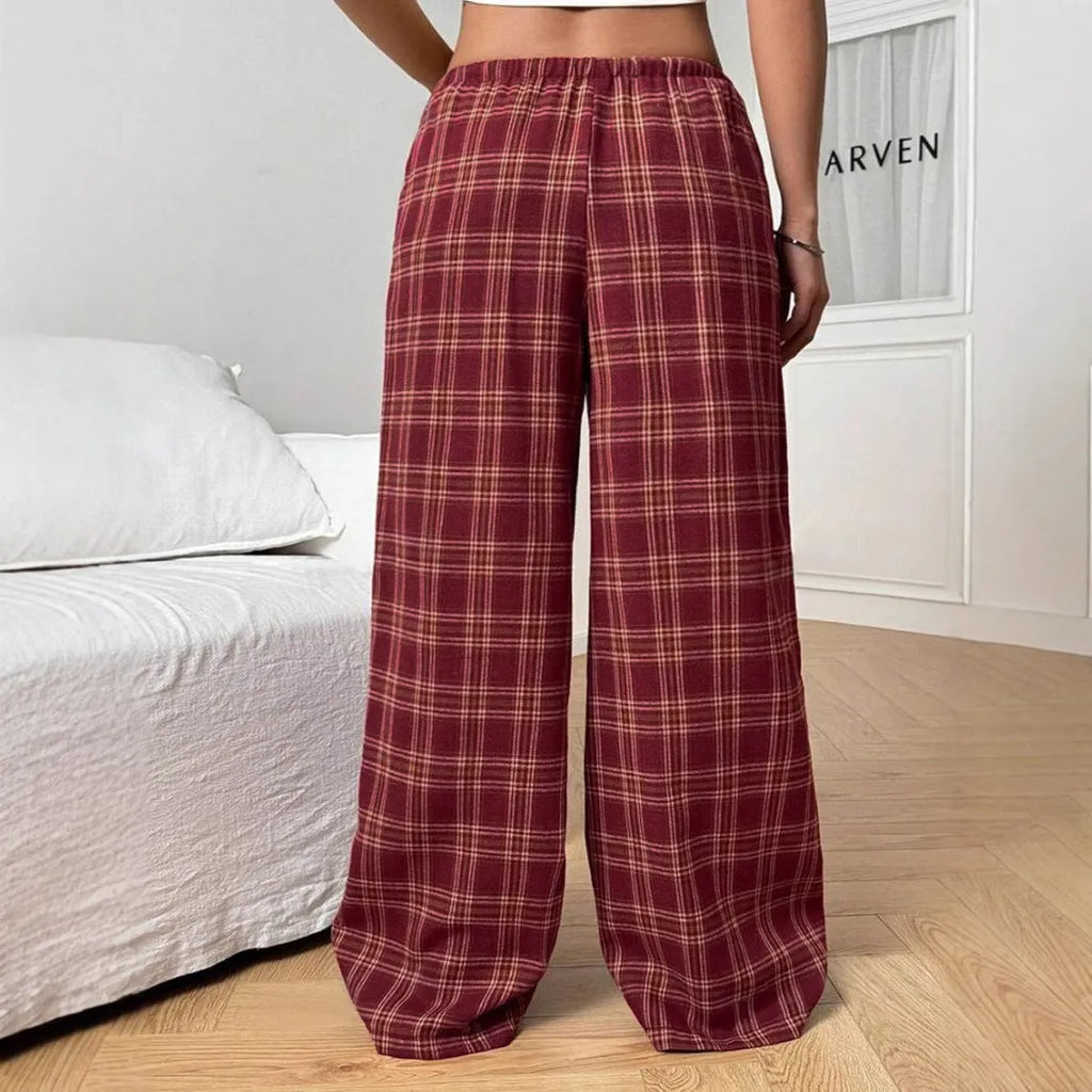 Women's plaid pattern casual trousers with drawstring waist and front pockets in blue colour option