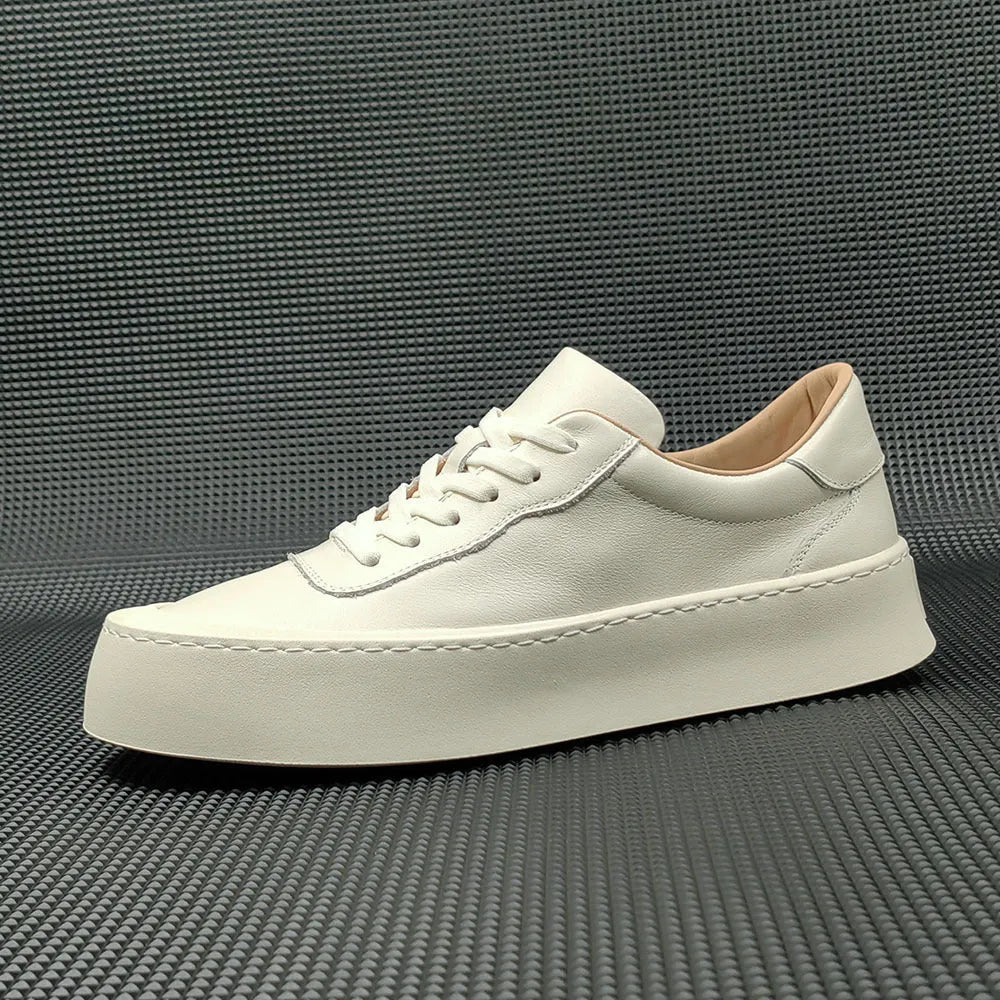 Men's white cowhide platform board shoes with thick rubber sole and round toe design