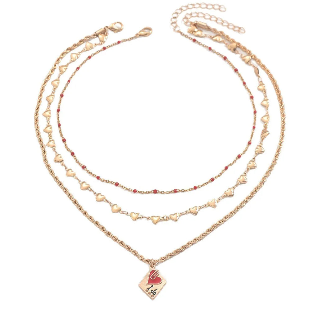 Geometric heart pendant on an adjustable three-layer zinc alloy clavicle chain necklace.