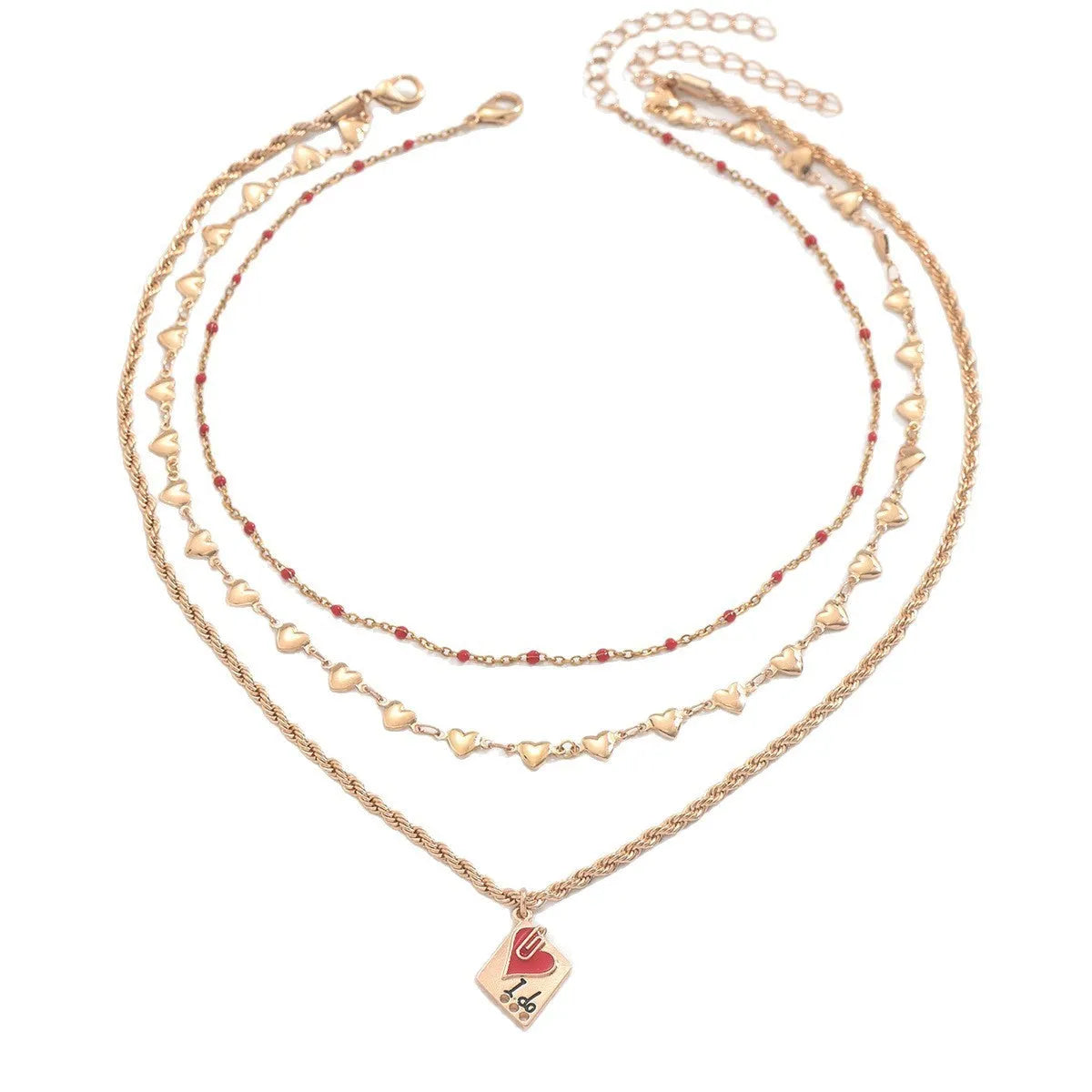 Geometric heart pendant on an adjustable three-layer zinc alloy clavicle chain necklace.