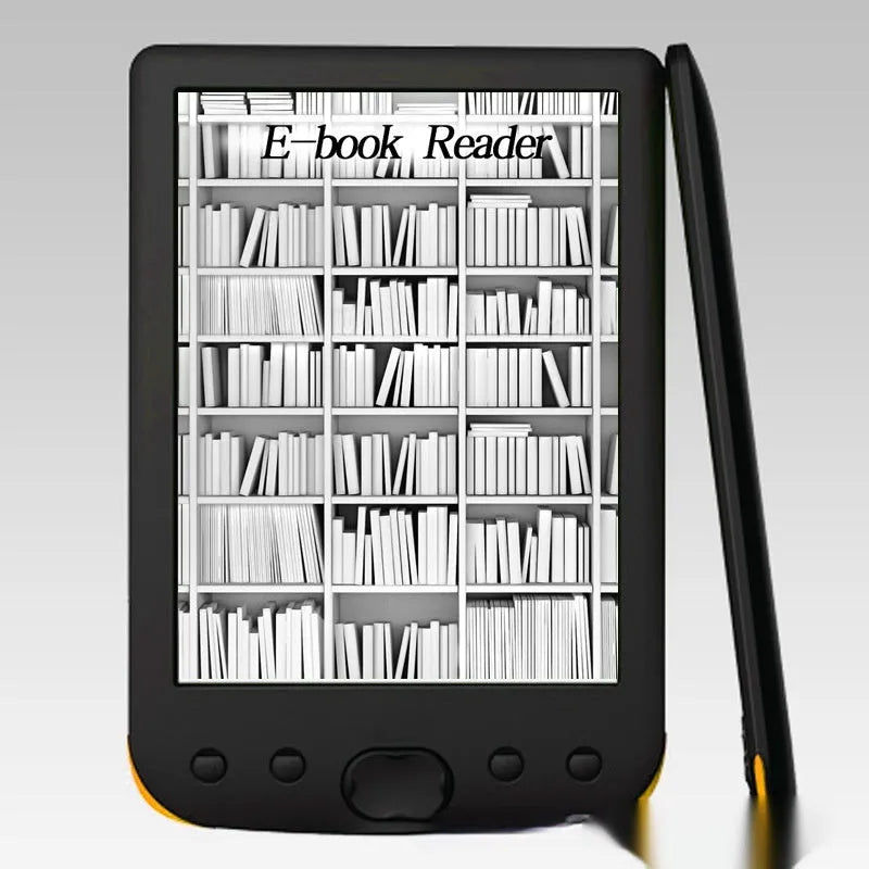 Black 6-inch e-ink e-book reader showing its screen and compact design.