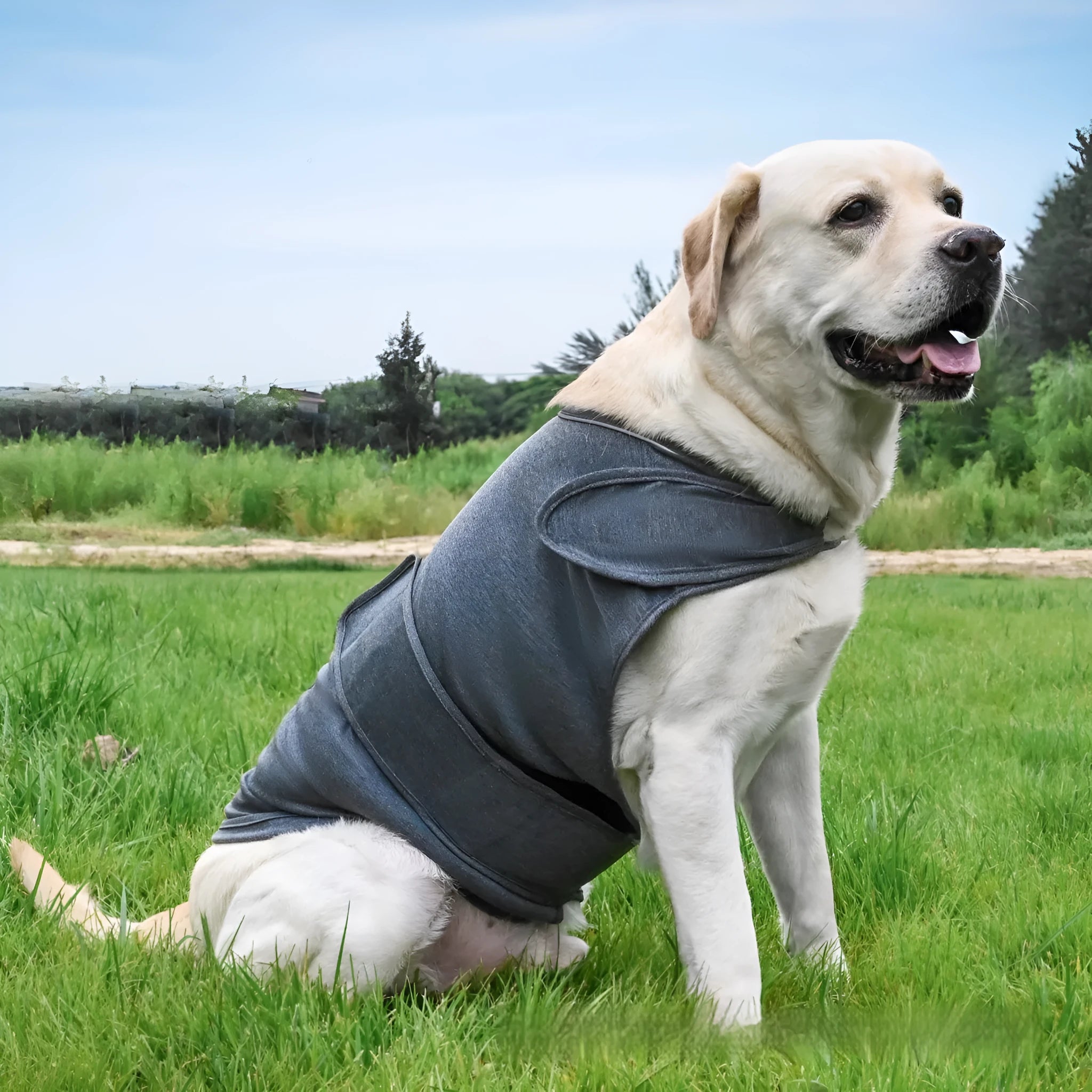 Brown dog anxiety tank top made from Ponte-de-Roma fabric for separation anxiety relief