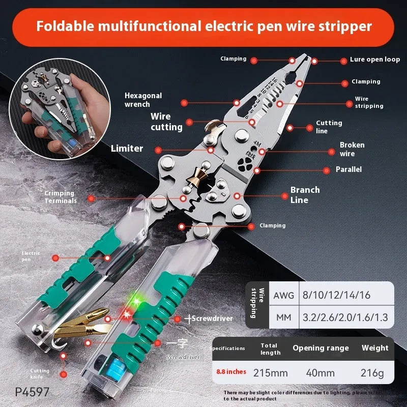 Multi-functional electrician's pliers and wire stripper tool with pointed head and rust-resistant cutting edges.
