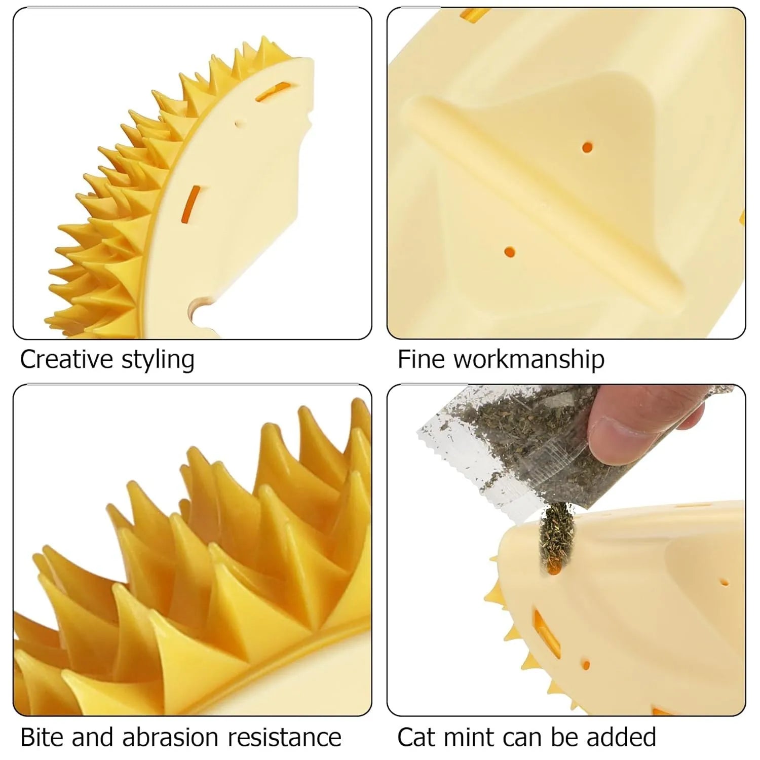 Yellow durian-shaped cat corner scratcher mounted on a wall with cat mint powder