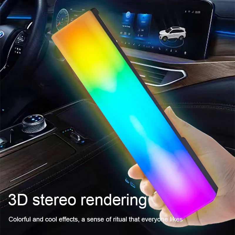 Tall 3D RGB LED ambience lamp with colourful lights on a desk, showcasing its voice-activated music rhythm mode.