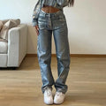 Blue high-waist straight-leg women's jeans with contrast colour detailing on a denim background.