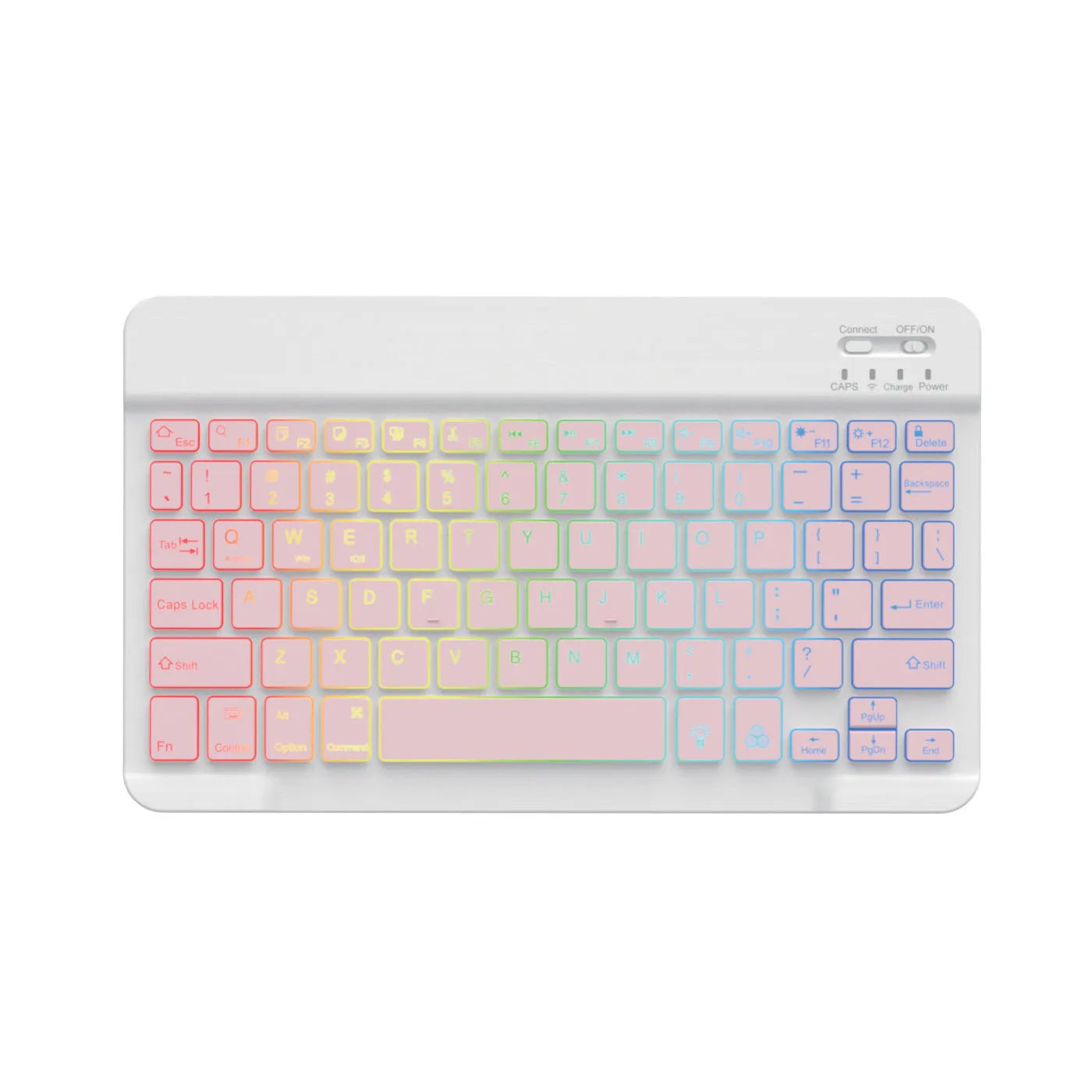A 10-inch black Bluetooth keyboard with multi-colour LED backlit keys on a desk next to a tablet.