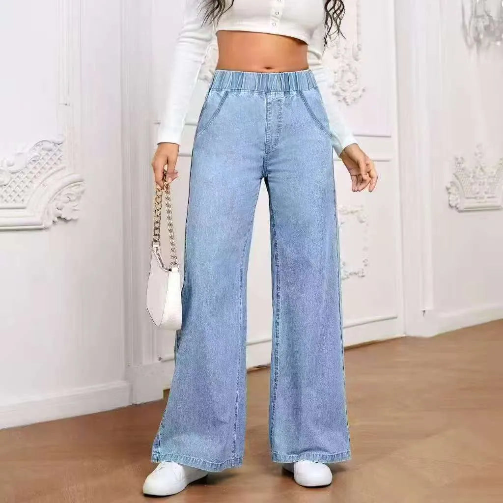 Light blue washed wide-leg jeans with straight leg cut and zip fly