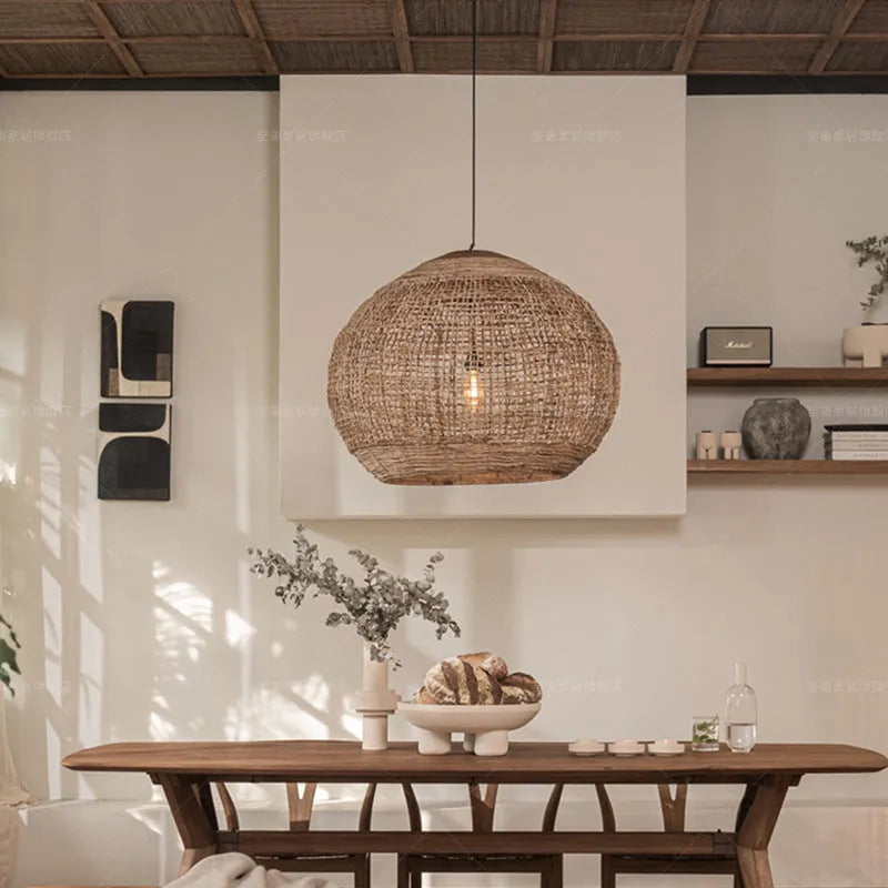 Rattan Japanese style dining room chandelier pendant light, diameters 45cm 60cm 80cm, silent wind design, natural woven shade