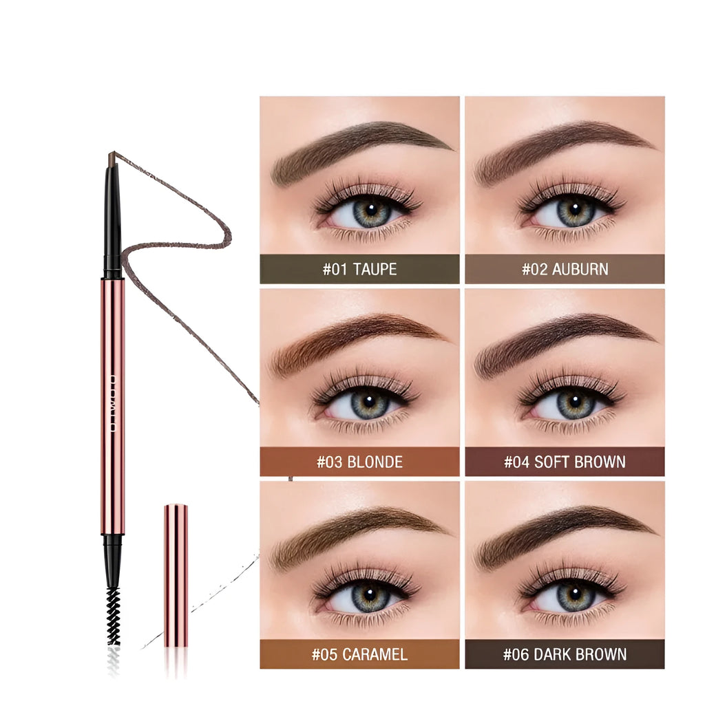 Eye brow make-up pencil in colour box with six shade options shown.