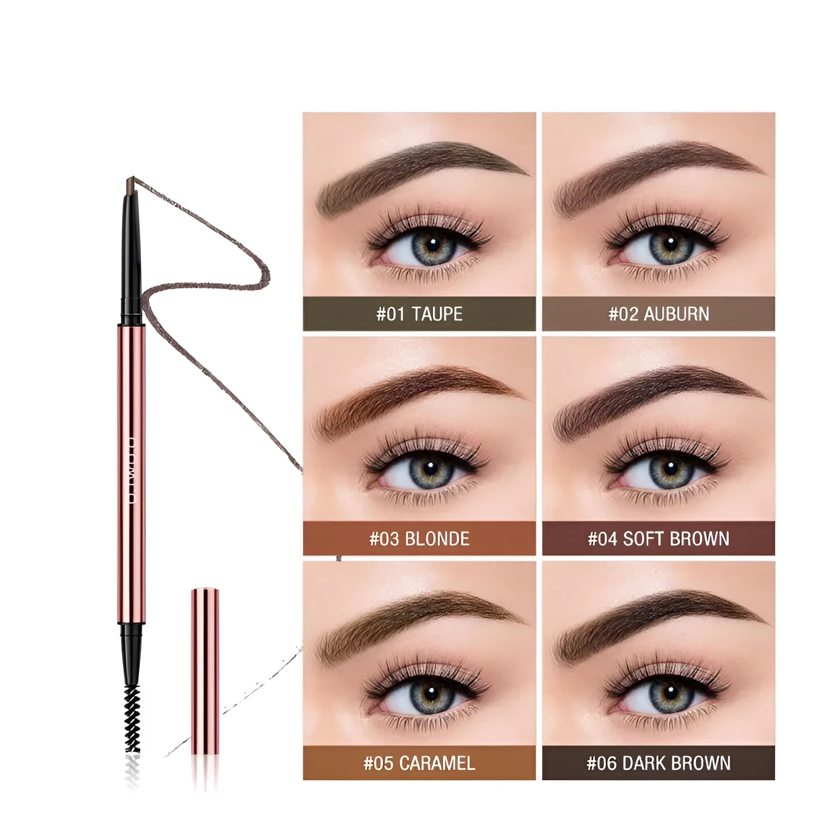 Eye brow make-up pencil in colour box with six shade options shown.