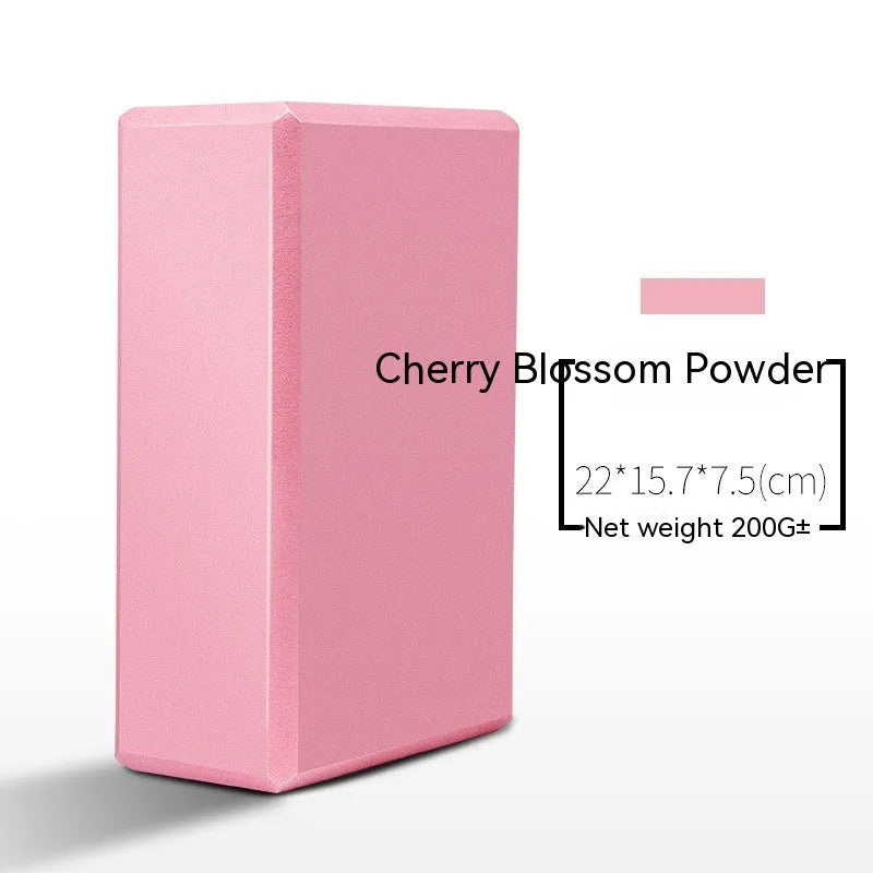 A high-density EVA yoga block in a choice of solid colours or printed designs, measuring 23cm by 15cm.