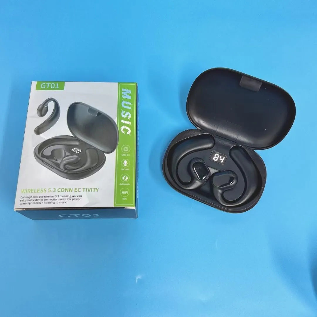 Black or white ear-mounted Bluetooth headset with digital display screen showing operational information