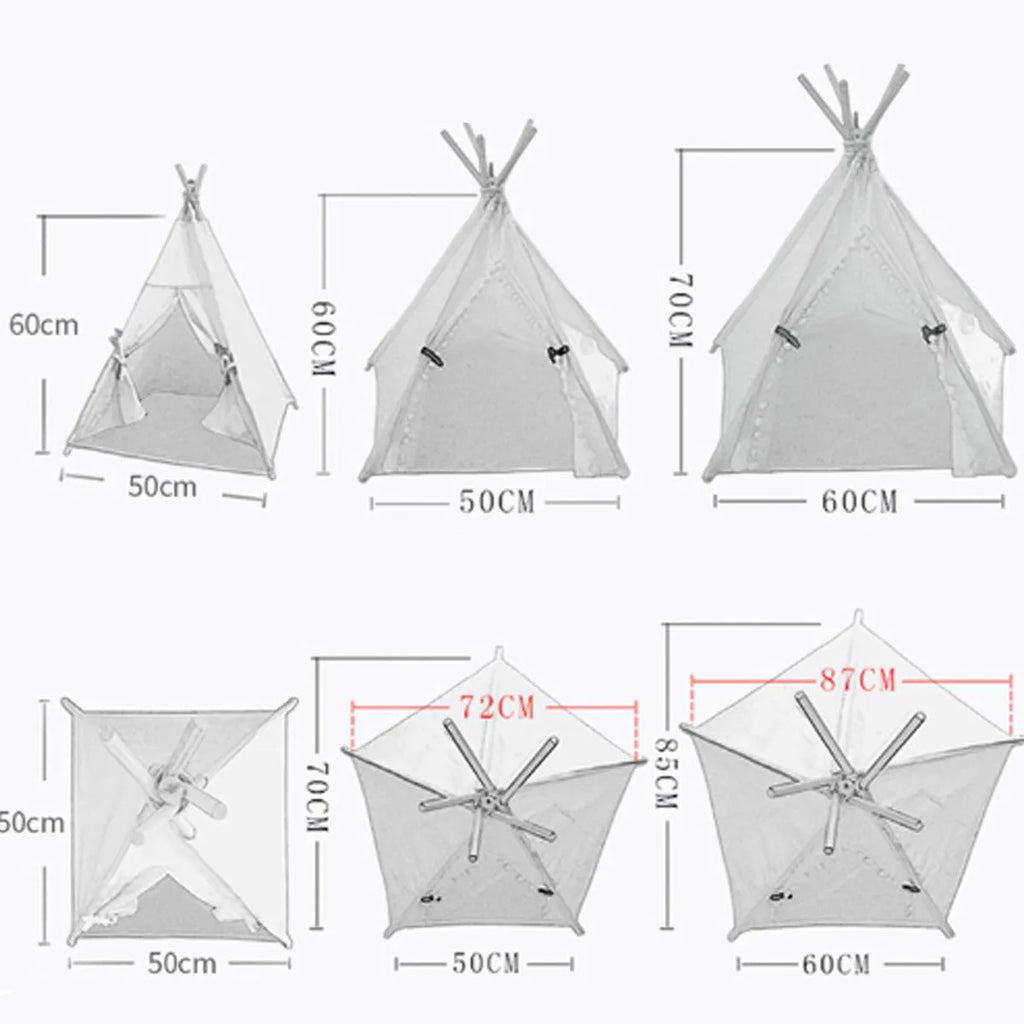 White striped linen teepee tent pet bed with cushion for small dog or cat