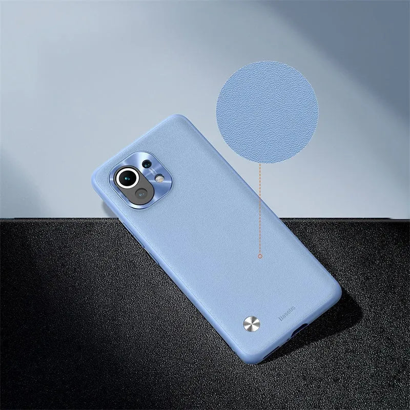 Alloy plain leather phone case for Xiaomi 11 in black and smoky purple colour options