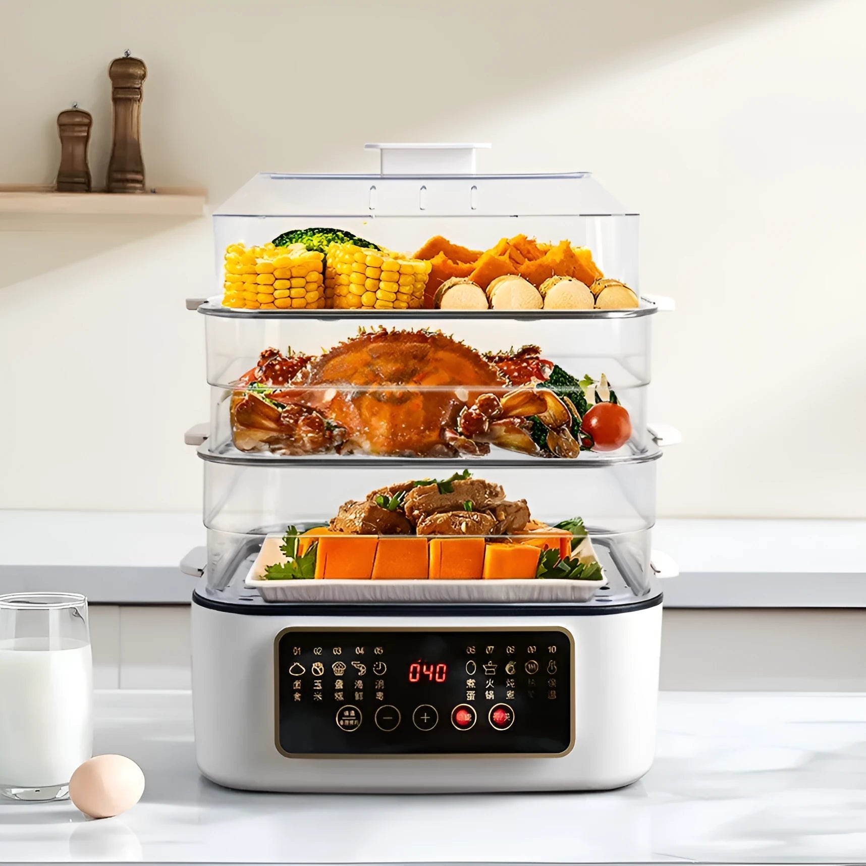 28L stainless steel electric food steamer with PP inner liner and steaming rack