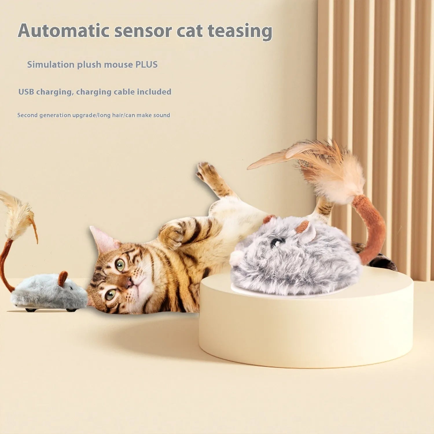 Self-playing electric cat toy with plush mouse on pole, available in pink, dark grey and purple colours