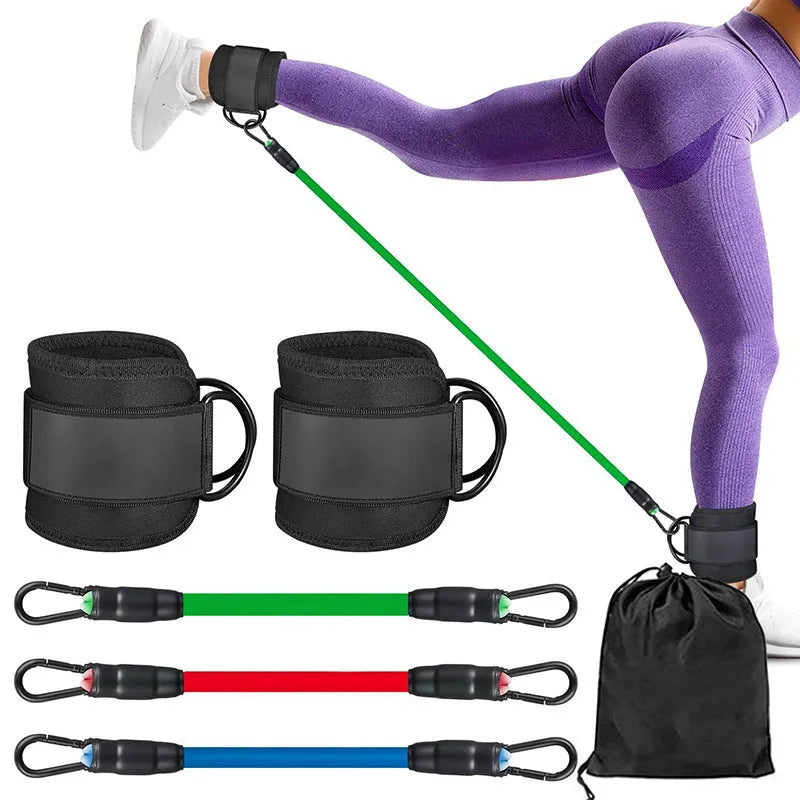 Yoga resistance band set with three tension levels, foot loops, and storage bag for hip and leg exercises