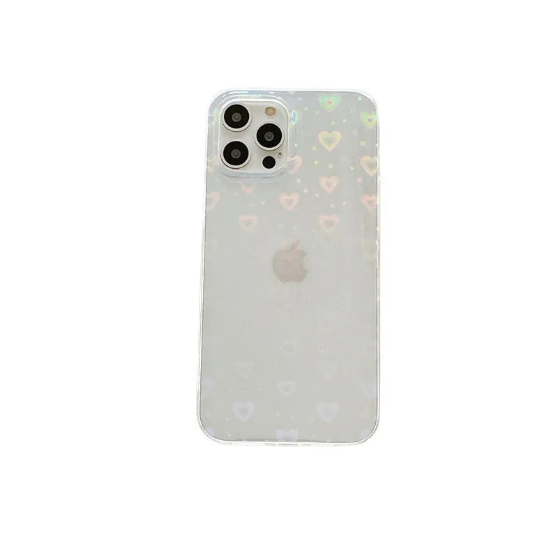 Transparent silicone iPhone case with a laser-etched love pattern, shown fitted on a phone.