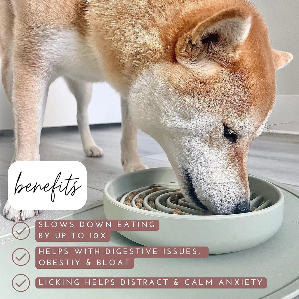 Silicone dog slow feeder bowl with ridges, shown in mustard green colour