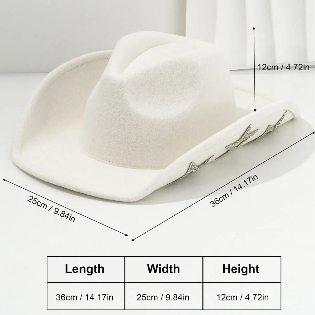 Beige polyester western denim top hat with a conical crown and a silver hexagonal star decoration on the front.