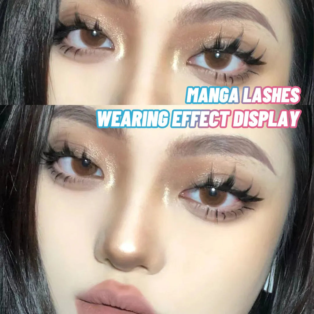 Manga style false eyelashes set showing three wispy styles for anime cosplay and Korean makeup