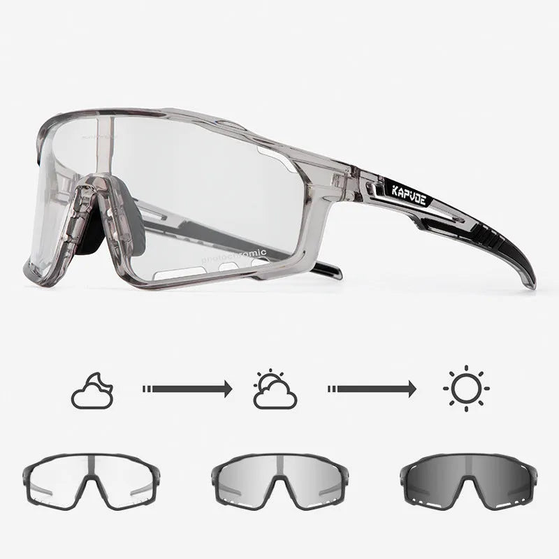 Photochromic sports sunglasses with semi-rimless TR90 frame for cycling.