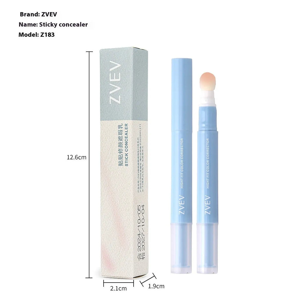 Concealer pen with sponge brush head applicator showing three colour shade options: brightening skin, pink flesh, and flesh colour