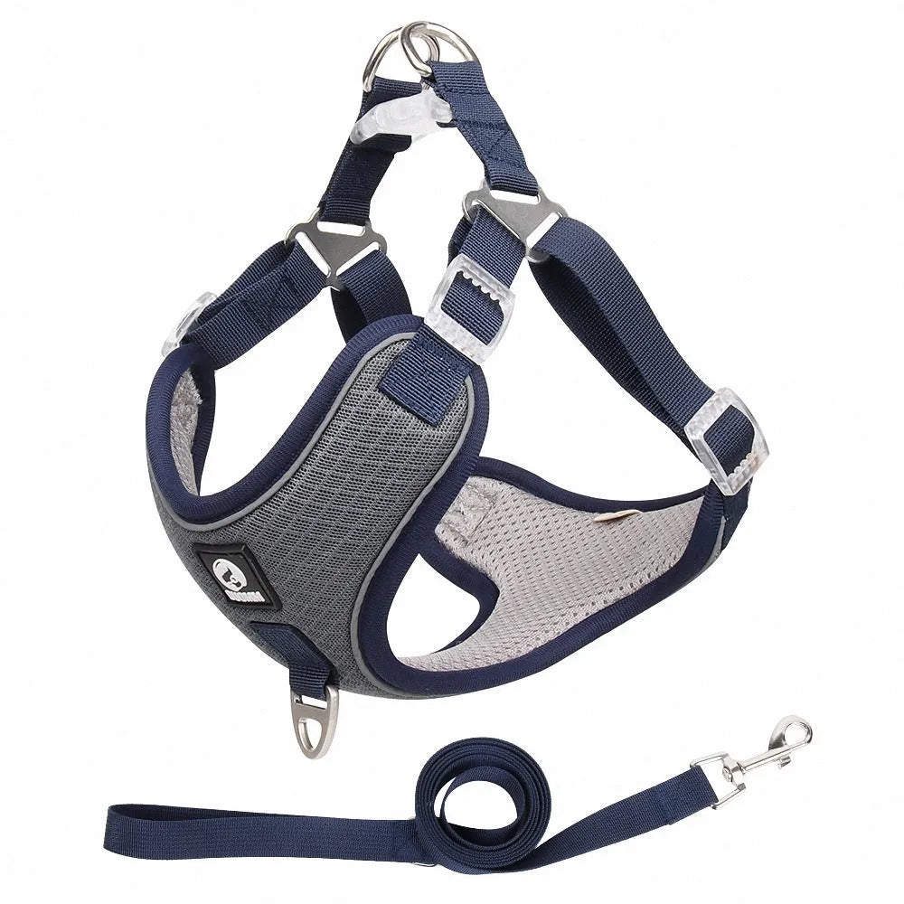 Breathable mesh dog harness with reflective piping in black, red, gray, or light purple for small medium pets