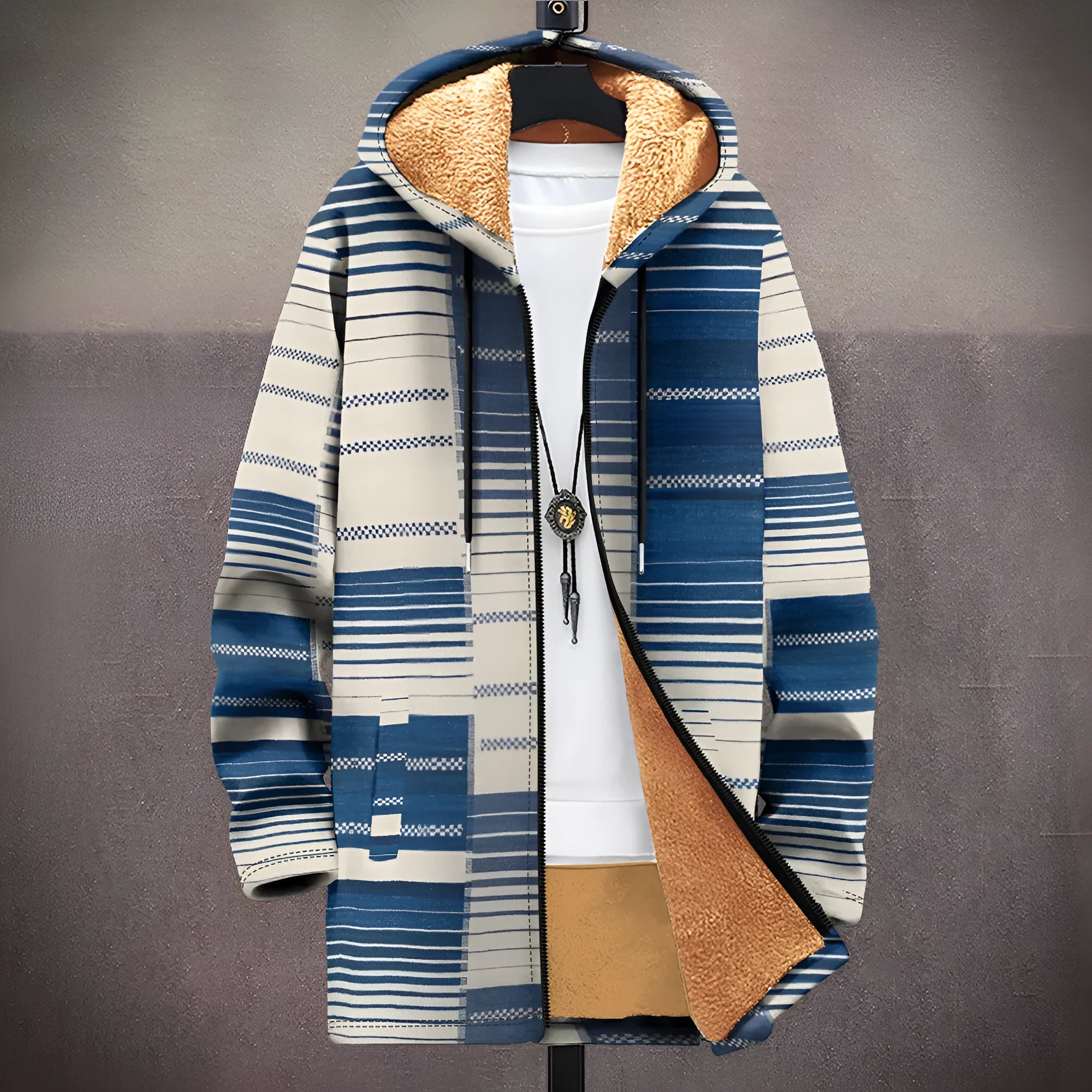 Man wearing a multicolour digitally printed hooded cardigan with a full-length front zip