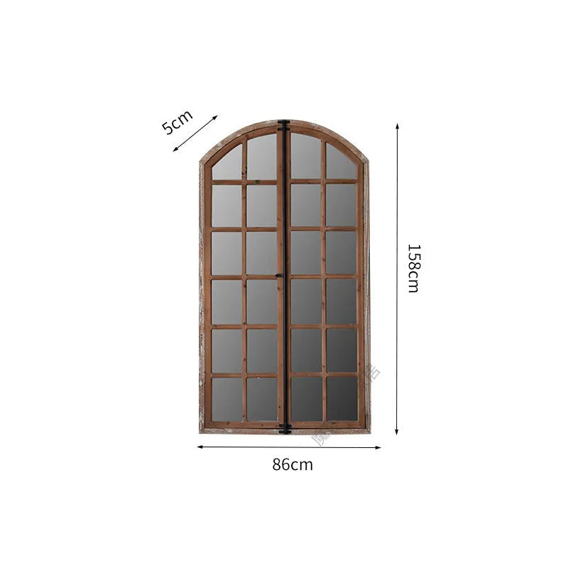 Distressed log-coloured wooden frame fake window wall mirror with single glass pane.