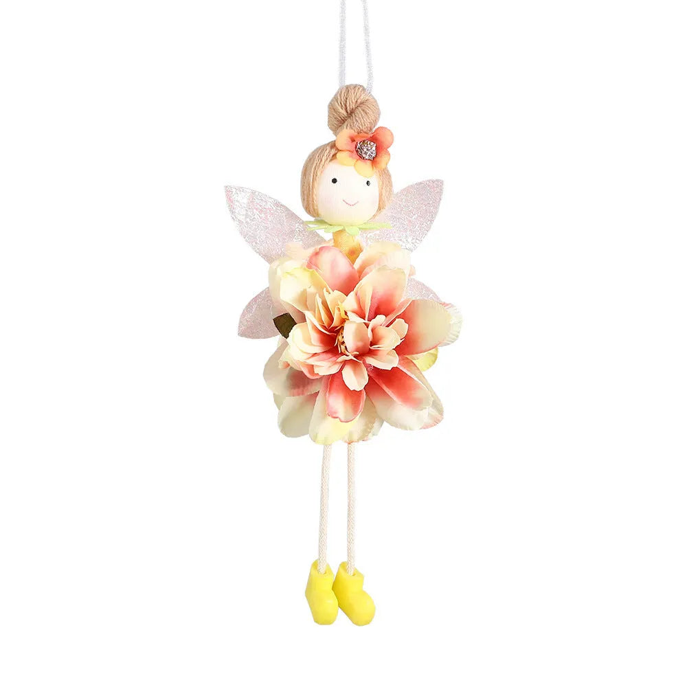 Cloth pendant ornament featuring a floral angel girl design in dark pink, pink, green, or yellow.