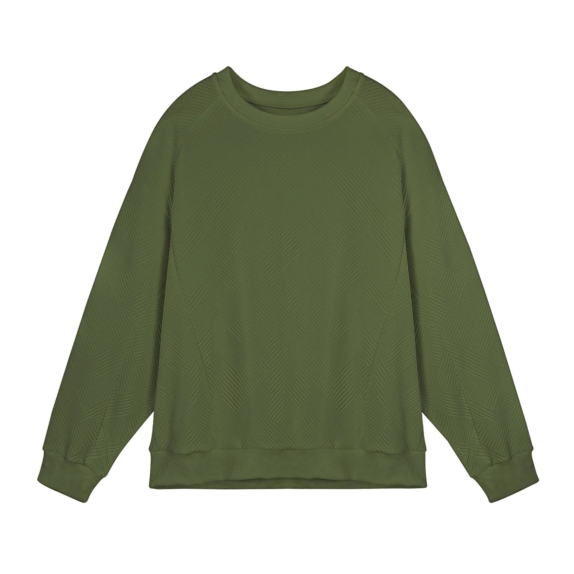 Men's loose fit long-sleeved twill jacquard sweater in a solid colour on a hanger