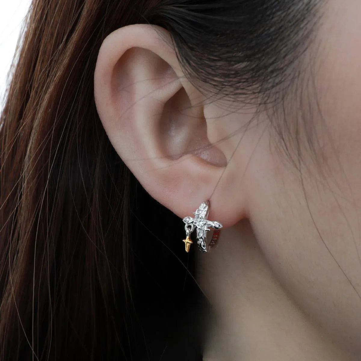 XINGX women's cross earrings in 925 silver with geometric design and white gold colour finish