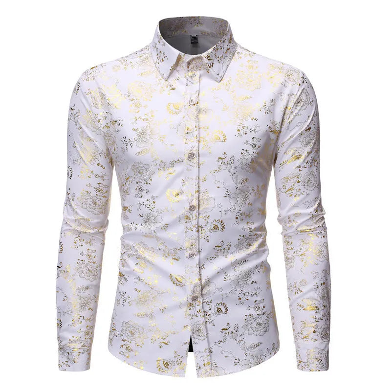 Men's casual shirt with metal bronzing printed lapel design in polyester fabric
