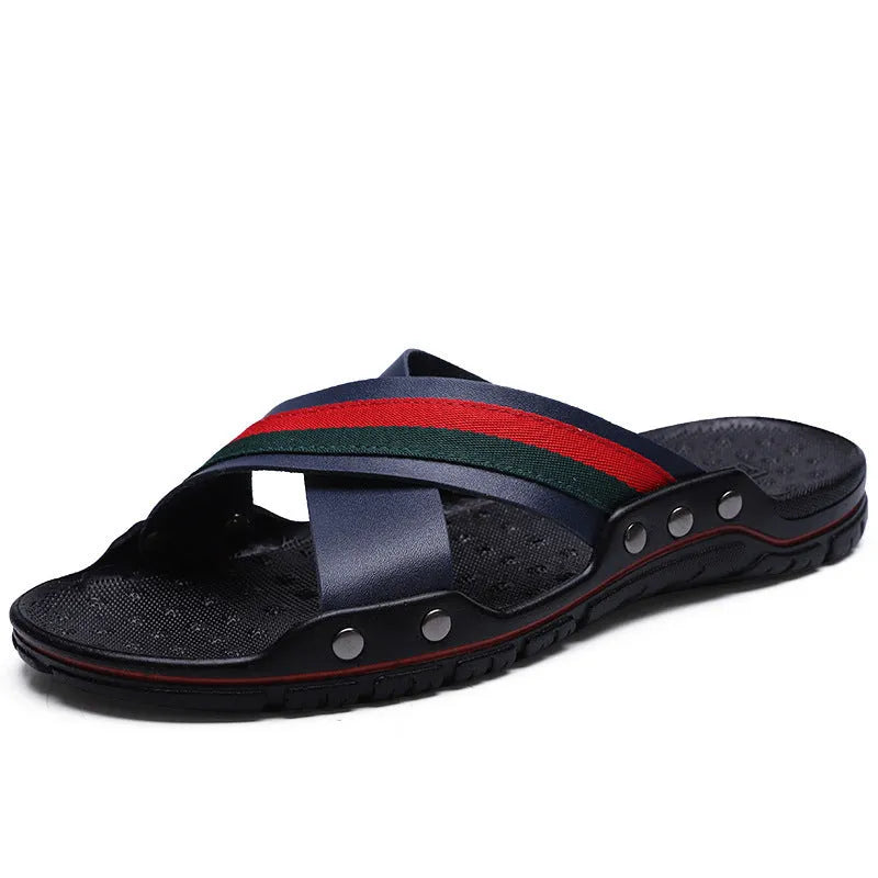 Men's cowhide leather flip-flops with PU sole in black, blue, or white colours.