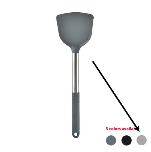 12 piece silicone kitchen utensil set with rotating storage bucket in black, dark gray, or khaki.