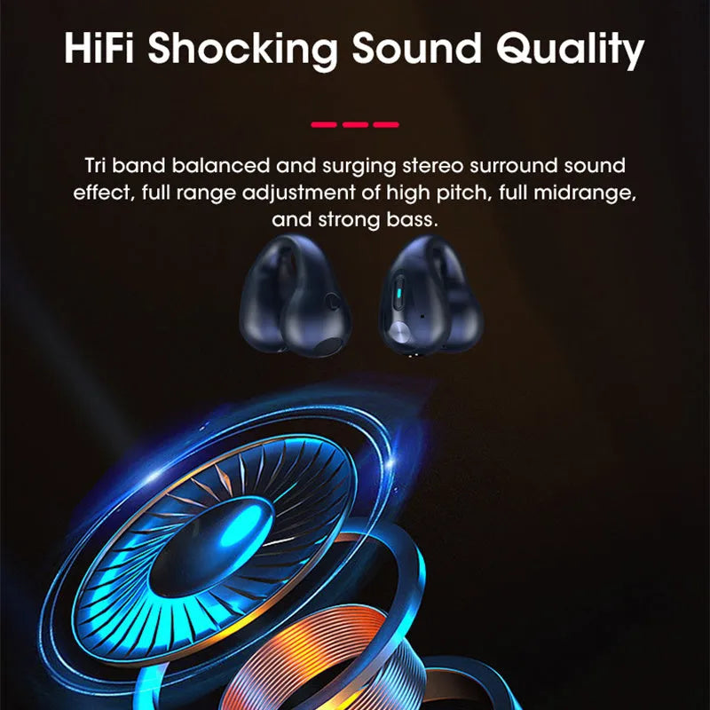 Black bone conduction Bluetooth headset clip showing ear clip design and charging cable