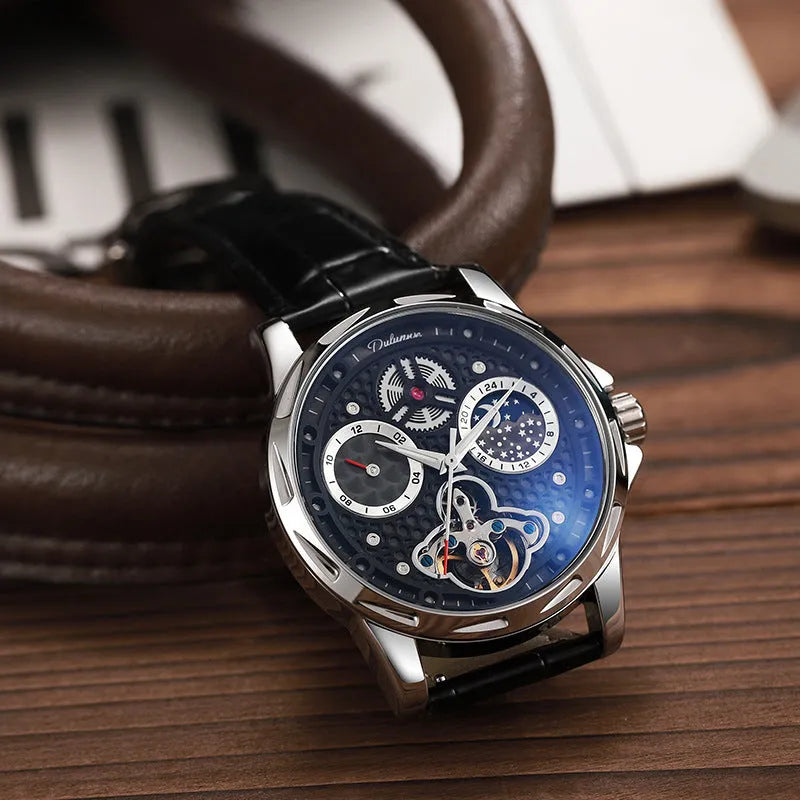 Men's black and white automatic waterproof business watch with steel or leather strap