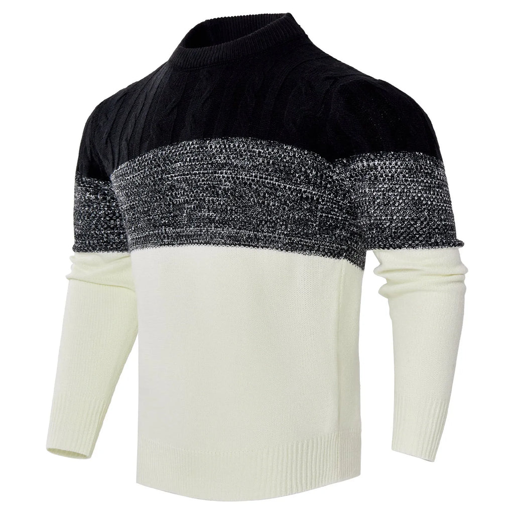 Men's knitted long-sleeve pullover sweater shown in multiple sizes and style variations.
